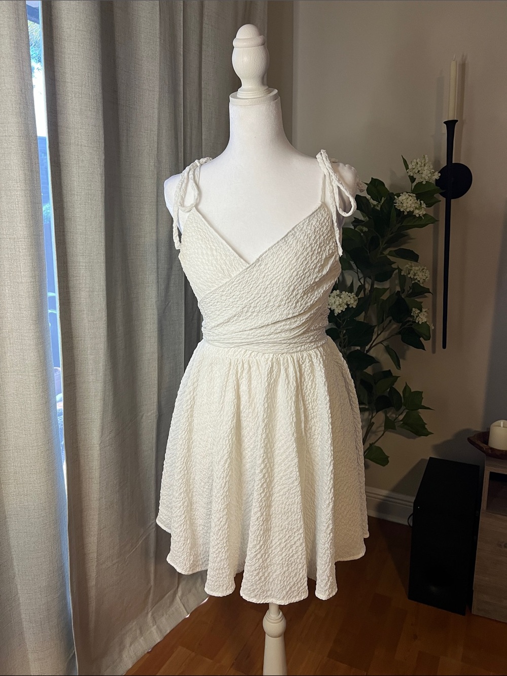 Lulu's White Textured Wrap Tie-Shoulder Mini Dress